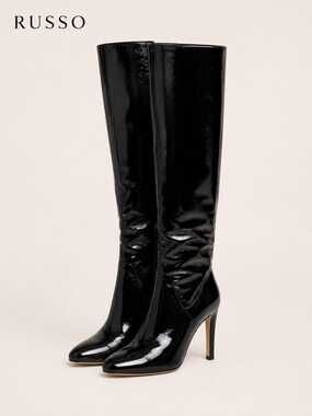 Russo Black Patent Leather Knee-High Boots, Size 38